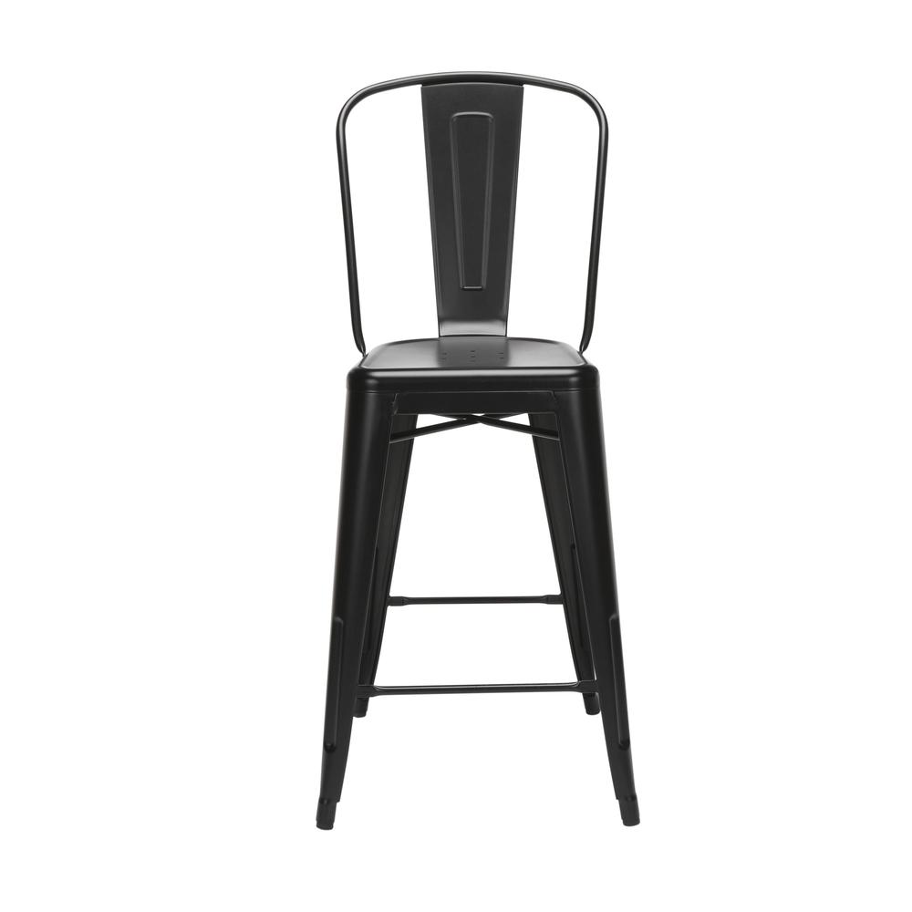 The OFM 161 Collection Industrial Modern 26" High Back Metal Bar Stools, 4 Pack, provide a sophisticated counter height seating solution for cafe tables and bars, suitable for indoor/outdoor settings.. Picture 2