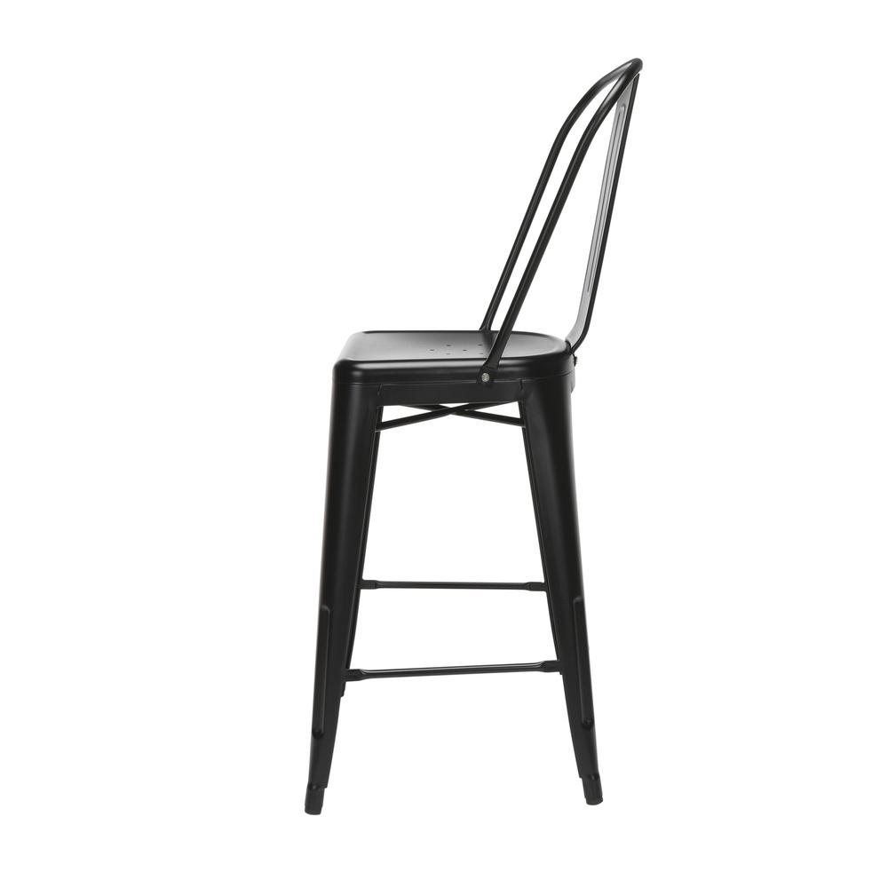 The OFM 161 Collection Industrial Modern 26" High Back Metal Bar Stools, 4 Pack, provide a sophisticated counter height seating solution for cafe tables and bars, suitable for indoor/outdoor settings.. Picture 5