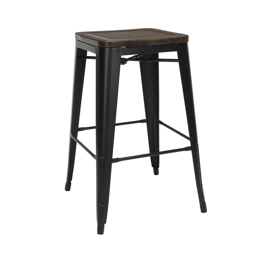 The OFM 161 Collection Industrial Modern 30" Backless Metal Bar Stools with Solid Ash Wood Seats, 4 Pack, require no assembly, are stackable, and provide a roomy 15 square inches of seating surface. P. The main picture.