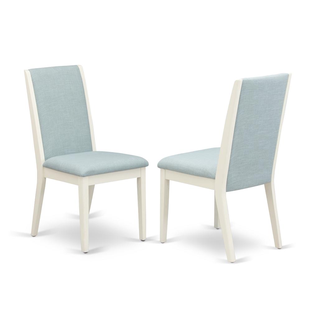 East West Furniture V077LA015-5 5Pc Kitchen Table Set Consists of a Rectangular Table and 4 Parson Dining Chairs with Baby Blue Color Linen Fabric, Medium Size Table with Full Back Chairs, Wirebrushed. Picture 3