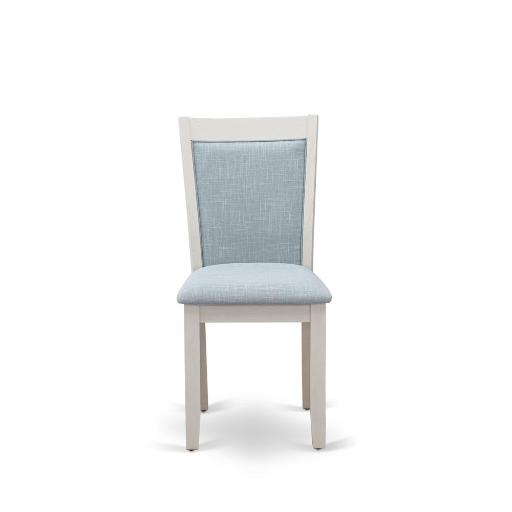 X027MZ015-6 6-Piece Table Set Includes a Dining Table - 4 Baby Blue Parson Chairs and a Bench - Wire Brushed Linen White Finish. Picture 7