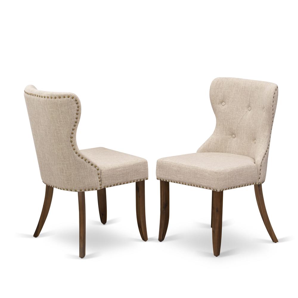 East West Furniture - Set of 2 - Wood Chairs- Upholstered Dining Chairs Includes Antique Walnut Hardwood Frame with Light Tan Linen Fabric Seat with Nail Head and Button Tufted Back. The main picture.