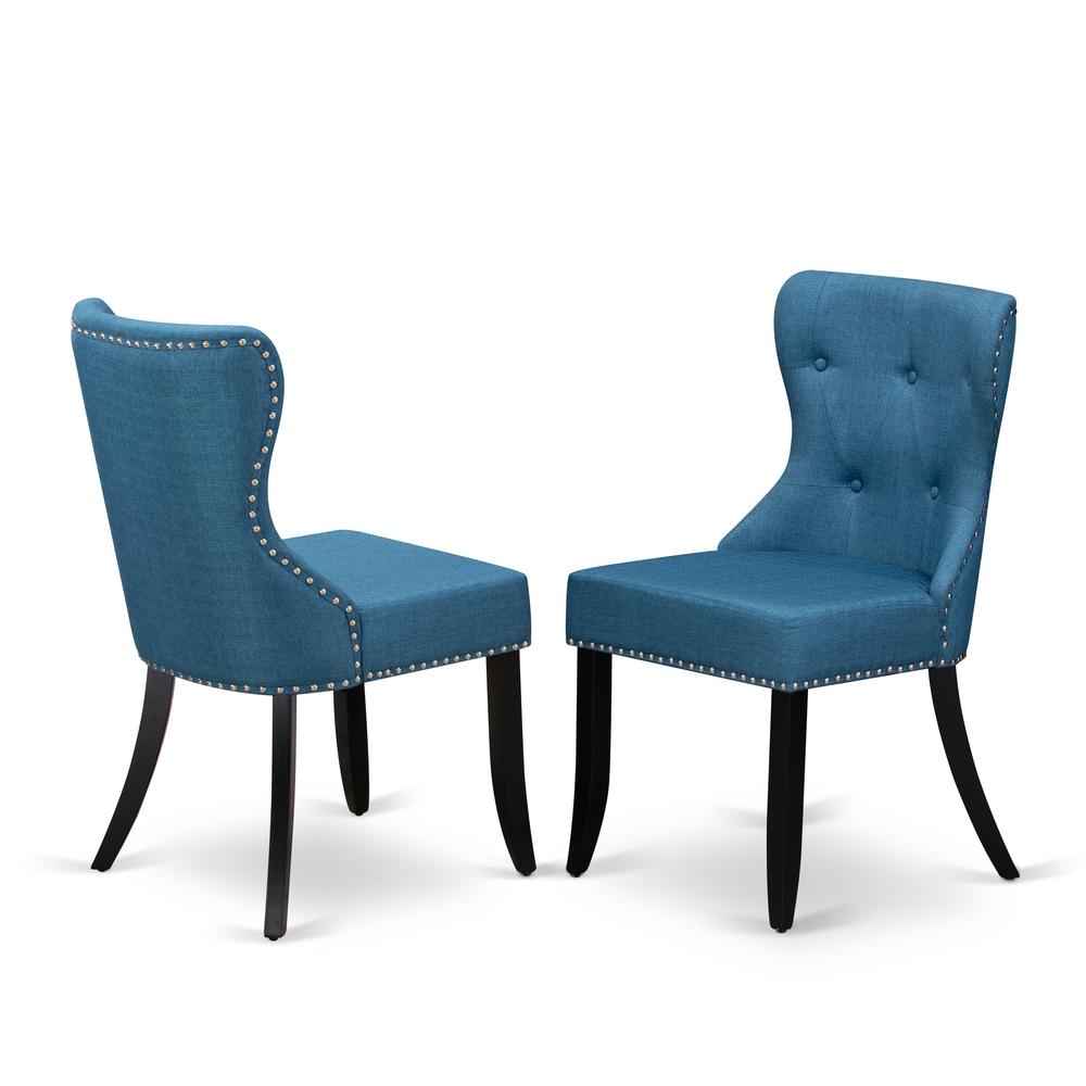 East West Furniture - Set of 2 - mid century Dining Chairs- Dinner Chairs Includes Black Wood Structure with Blue Linen Fabric Seat with Nail Head and Button Tufted Back. Picture 1