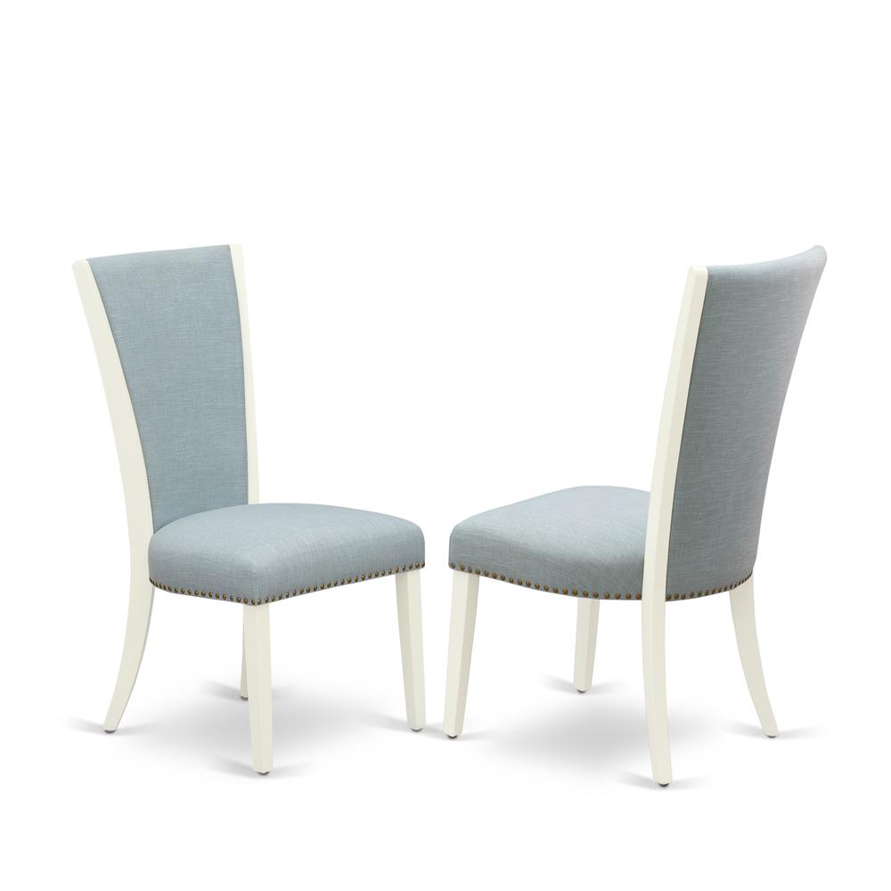 East-West Furniture MZVE5-LWH-15 - A dinette set of 4 excellent indoor dining chairs with Linen Fabric Baby Blue color and a fantastic wooden dining table with Linen White color. Picture 3