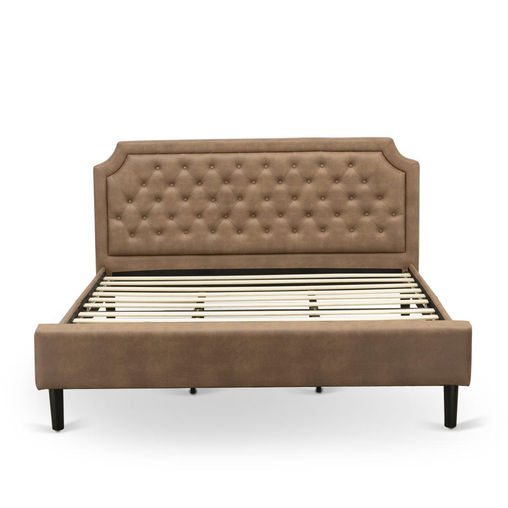 GBF-28-K King Bed Contains Brown Textured Upholstered Headboard, Footboard and Wood Rails, Slats - Wooden 9 Legs - Black Finish. Picture 3