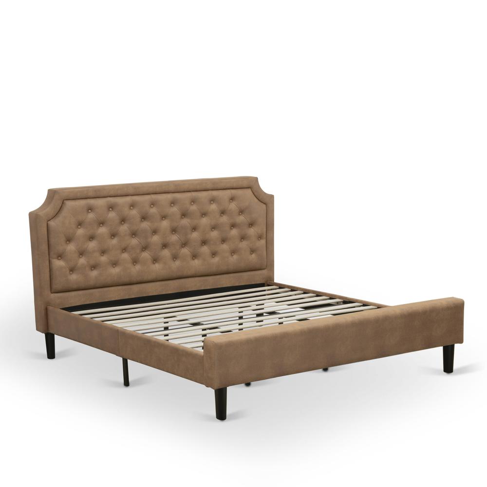 GBF-28-K King Bed Contains Brown Textured Upholstered Headboard, Footboard and Wood Rails, Slats - Wooden 9 Legs - Black Finish. Picture 4