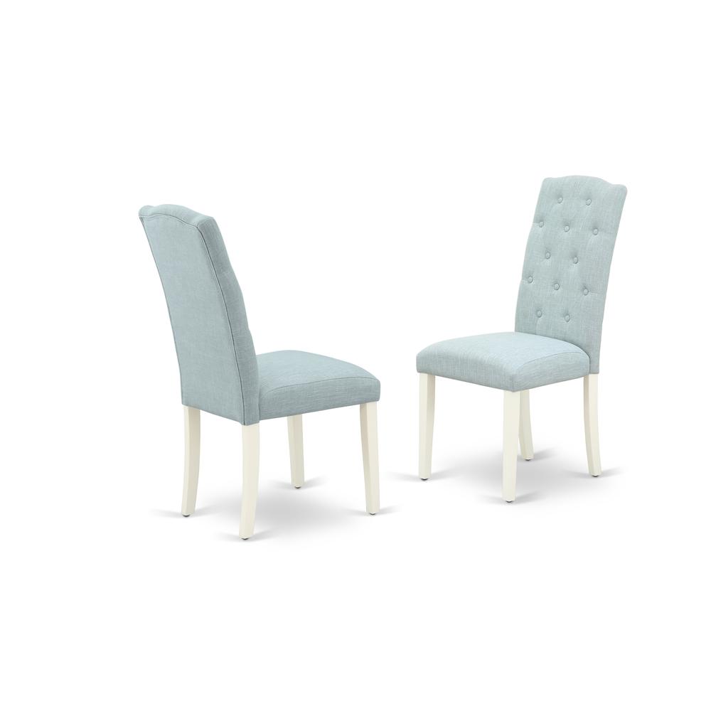 East West Furniture 6-Pc Kitchen Dining Set- 4 Dining Chairs with Baby Blue Linen Fabric Seat and Button Tufted Chair Back - Rectangular Top & Wooden Legs Wood Kitchen Table and Small Bench - Cement a. Picture 3