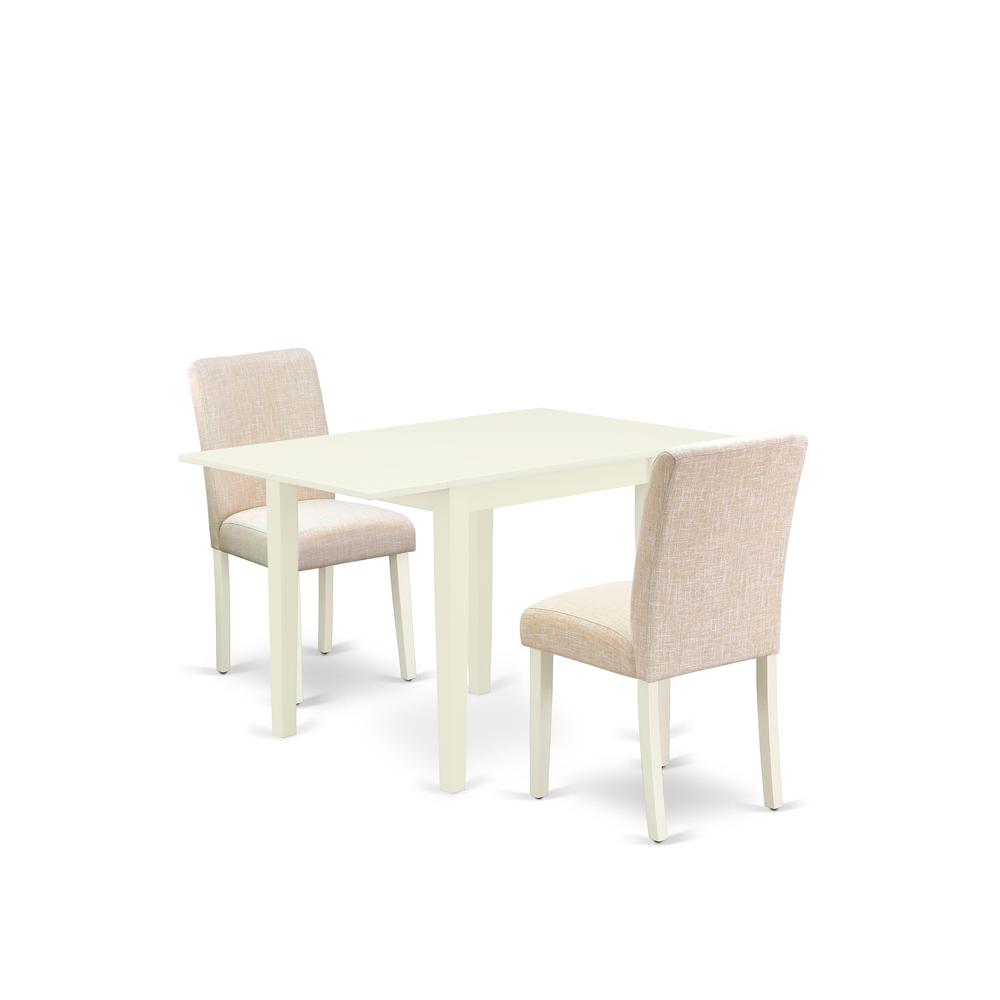 East West Furniture 3-Piece Dining Room Table Set-A Dinning Table and 2 Linen FabricKitchen Chairs with High Back - Linen White Finish. Picture 2