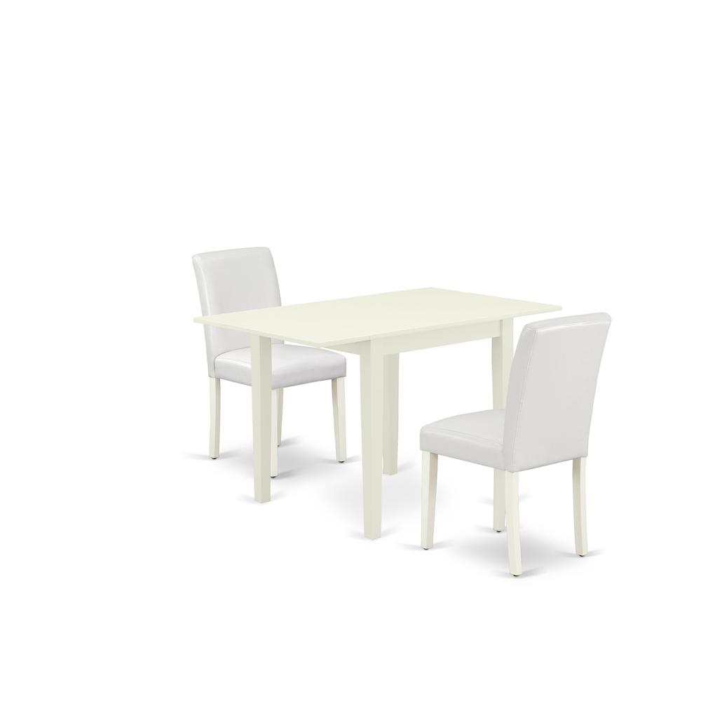 East West Furniture 3-Piece Dining Set-A Wood Table and 2PU Leather Modern Dining Chairs with High Back - Linen White Finish. Picture 2