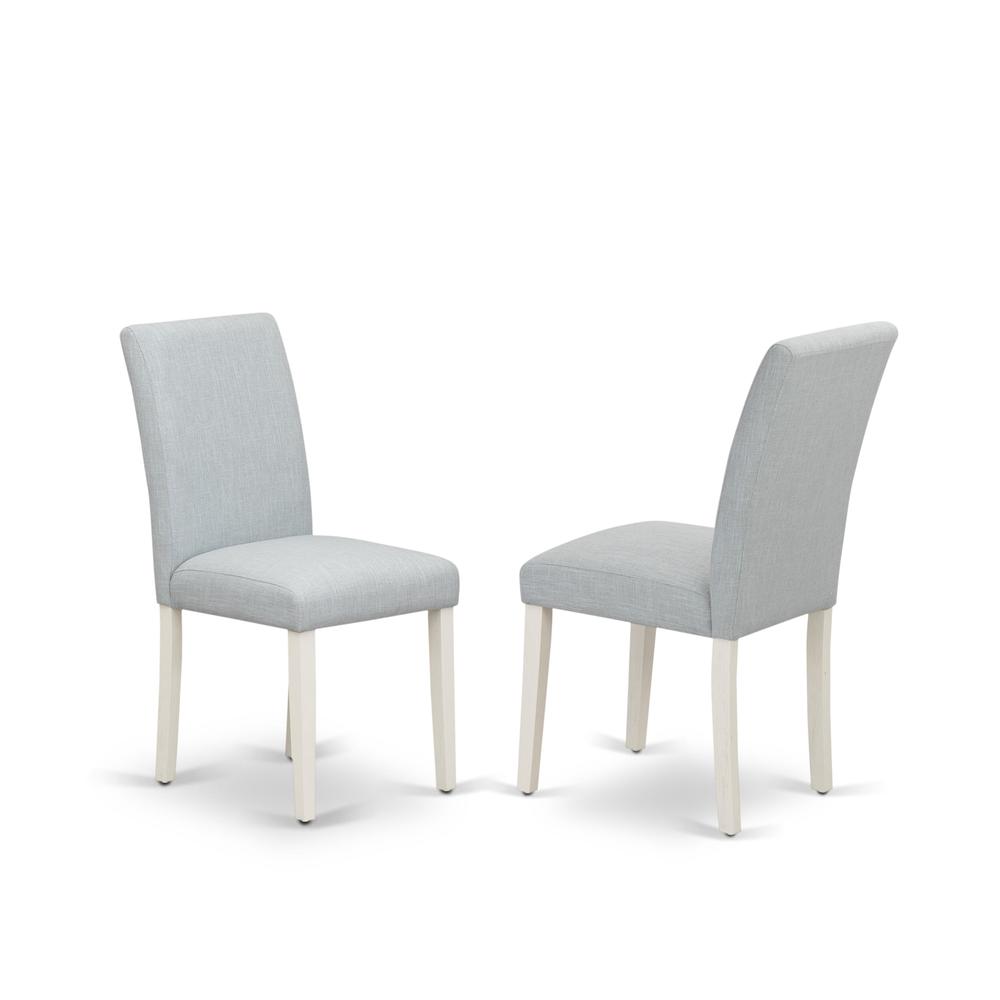Set of 2 - Wood Chairs- Modern Chairs Includes Wirebrushed Linen White Wood Structure with Baby Blue Linen Fabric Seat and Simple Back. Picture 2