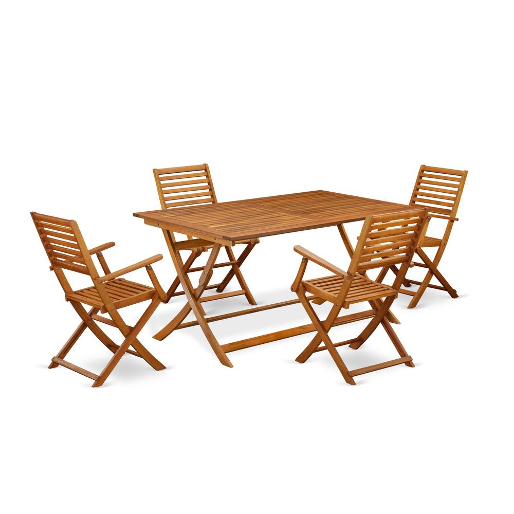 East West Furniture 5 Piece Superior Patio Dining Table Set- Ideal for The Beach, Campy, Picnics - Beautiful Bistro Table with 4 Arms Less Outdoor Folding Chairs - Natural Oil Finish. Picture 2