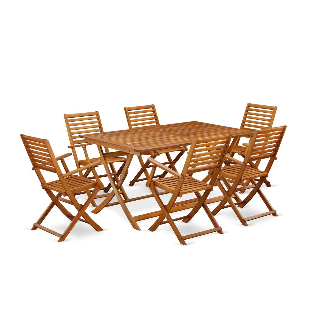 East West Furniture 7 Piece Bistro Table Set Outdoor- Great for The Beach, Campy, Picnics - Wonderful Wood Folding Table with 6 Arms Less Modern Dining Chairs- Natural Oil Finish. Picture 2