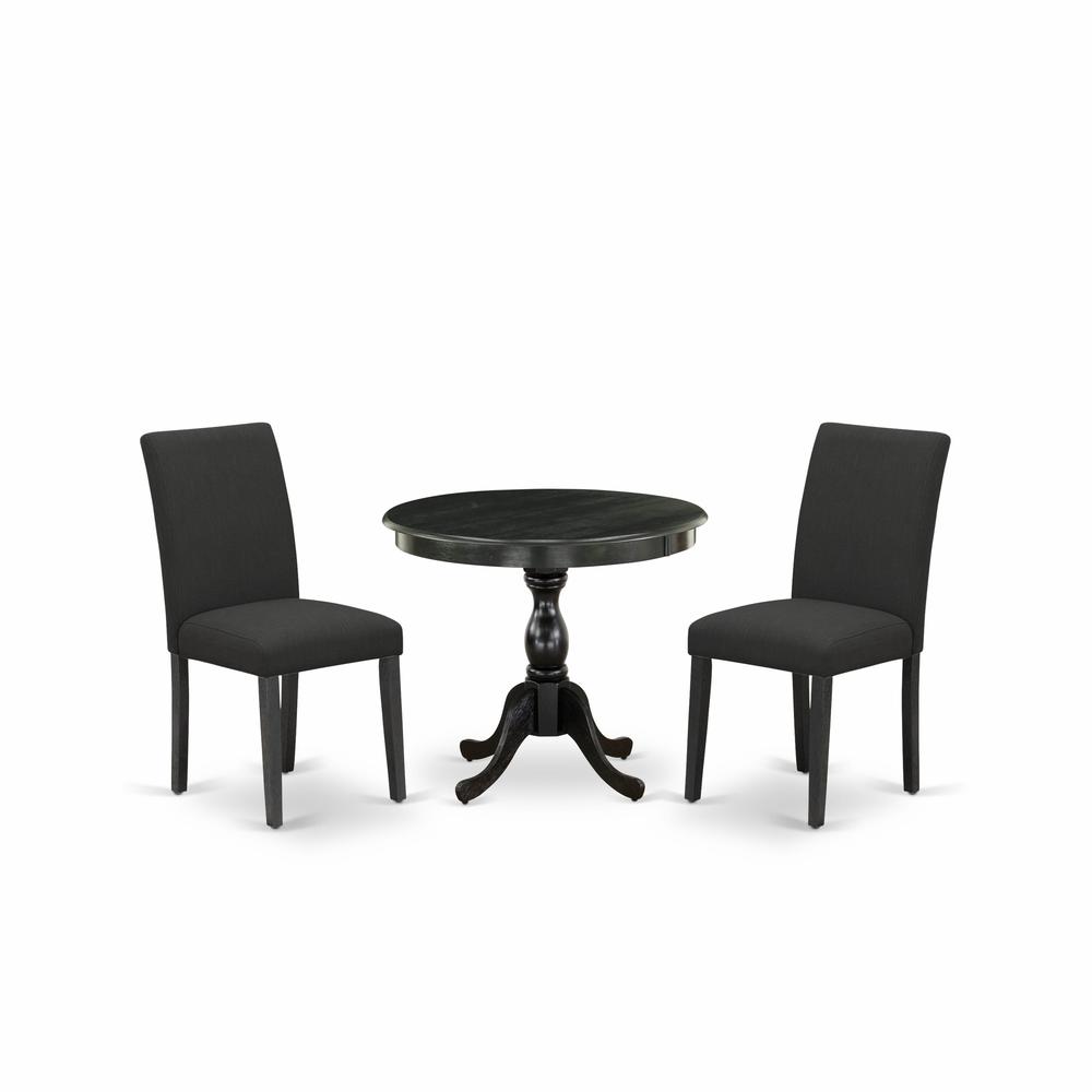 East West Furniture 3 Piece DINETTE SET Contains 1 Wooden Dining Table and 2 Black Linen Fabric Dinning Chairs with High Back – Wire Brushed Black Finish. Picture 1