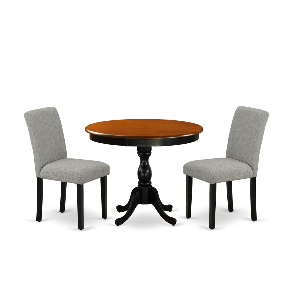 East West Furniture 3-Pc Dinning Room Set Contains a Round Dining Room Table and 2 Shitake Linen Fabric Dinner Chairs with High Back - Black Finish. Picture 2