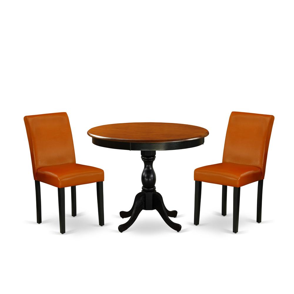 East West Furniture 3-Piece Round Dining Table Set Contains a Dining Table and 2 Baked Bean PU Leather Mid Century Dining Chair with High Back - Black Finish. Picture 2