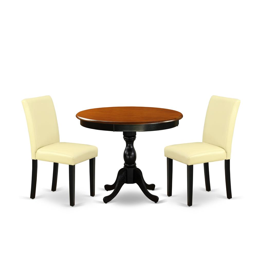 East West Furniture 3-Pc Dining Room Set Consists of a Mid Century Dining Table and 2 Eggnog PU Leather Parsons Chairs with High Back - Black Finish. Picture 2