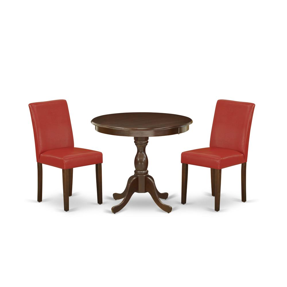 AMAB3-MAH-72 3 Piece Dining Table Set - 1 Kitchen Table and 2 Firebrick Red Dining Chairs - Mahogany Finish. Picture 2