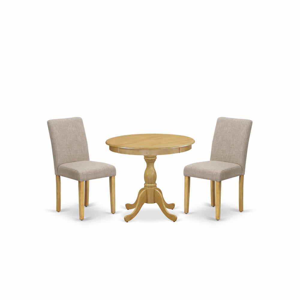 AMAB3-OAK-04 3 Piece Dining Table Set - 1 Wooden Dining Table and 2 Light Tan Padded Chairs - Oak Finish. Picture 2