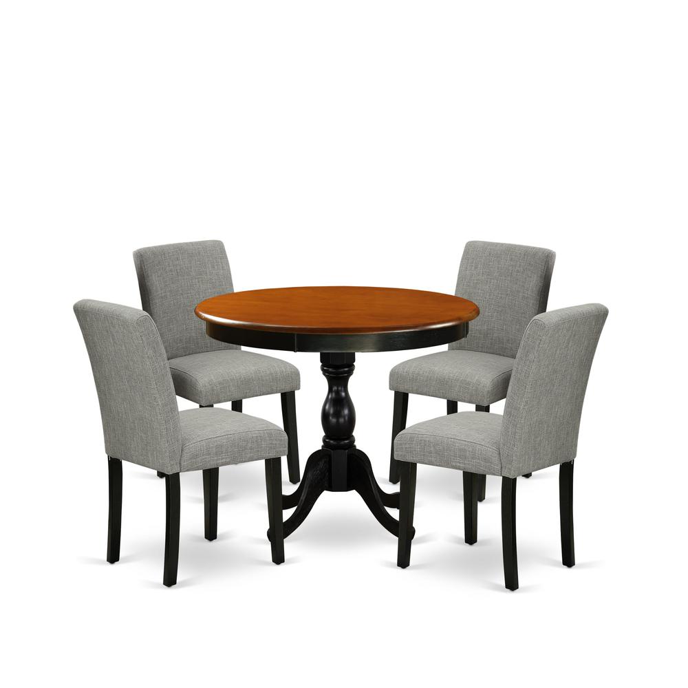 East West Furniture 5-Piece Wood Dining Set Includes a Mid Century Dining Table and 4 Shitake Linen Fabric Parson Chairs with High Back - Black Finish. Picture 2