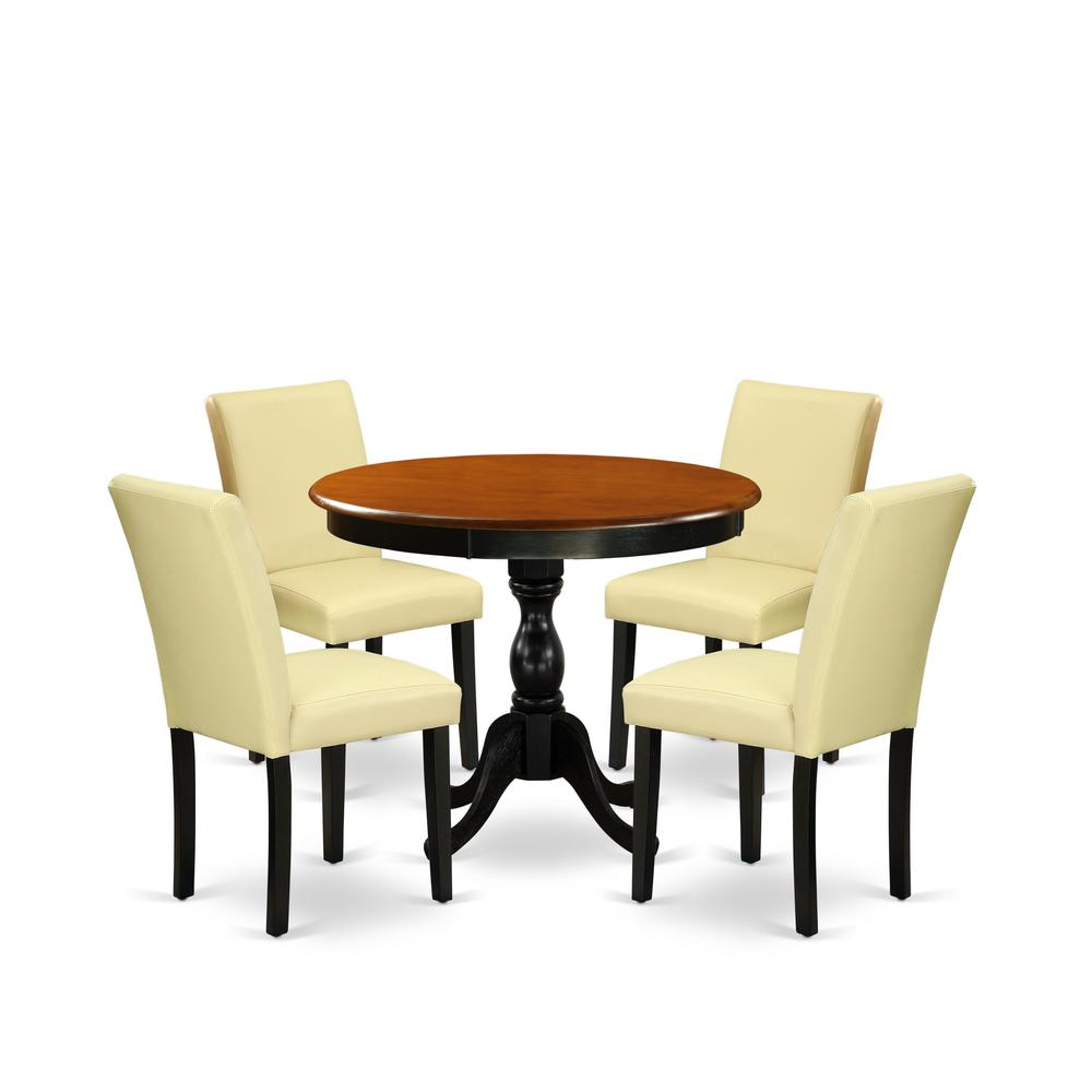 East West Furniture 5-Piece Kitchen Table Set Consists of a Round Dinning Room Table and 4 Eggnog PU Leather Dining Room Chairs with High Back - Black Finish. Picture 2