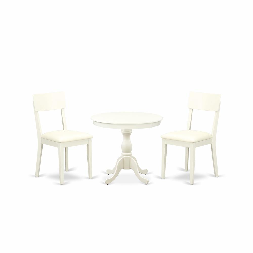 AMAD3-LWH-C 3 Piece Wooden Dining Table Set Includes 1 Dinner Table and 2 Linen White Faux Leather Dining Chairs with Ladder Back - Linen White Finish\. Picture 2
