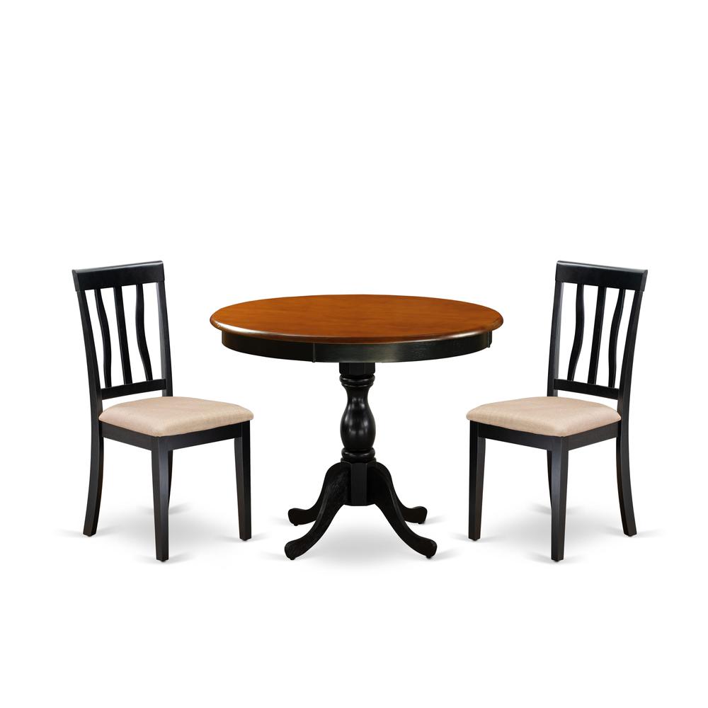 East West Furniture 3-Pc Mid Century Table Set Contains a Dining Room Table and 2 Linen Fabric Mid Century Dining Chairs with Slatted Back - Black Finish. Picture 2