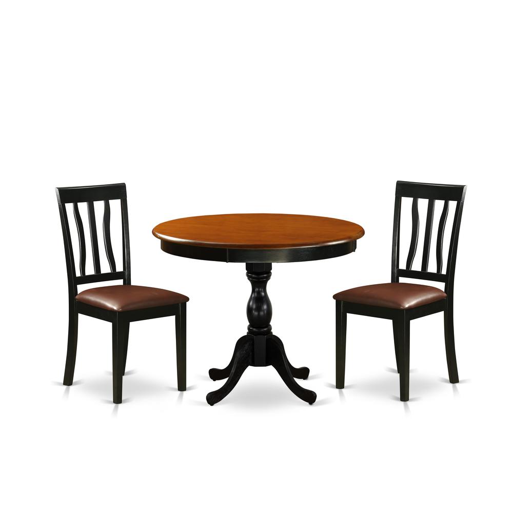 East West Furniture 3-Piece Dining Room Table Set Consists of a Modern Kitchen Table and 2 Faux Leather Kitchen Chairs with Slatted Back - Black Finish. Picture 2