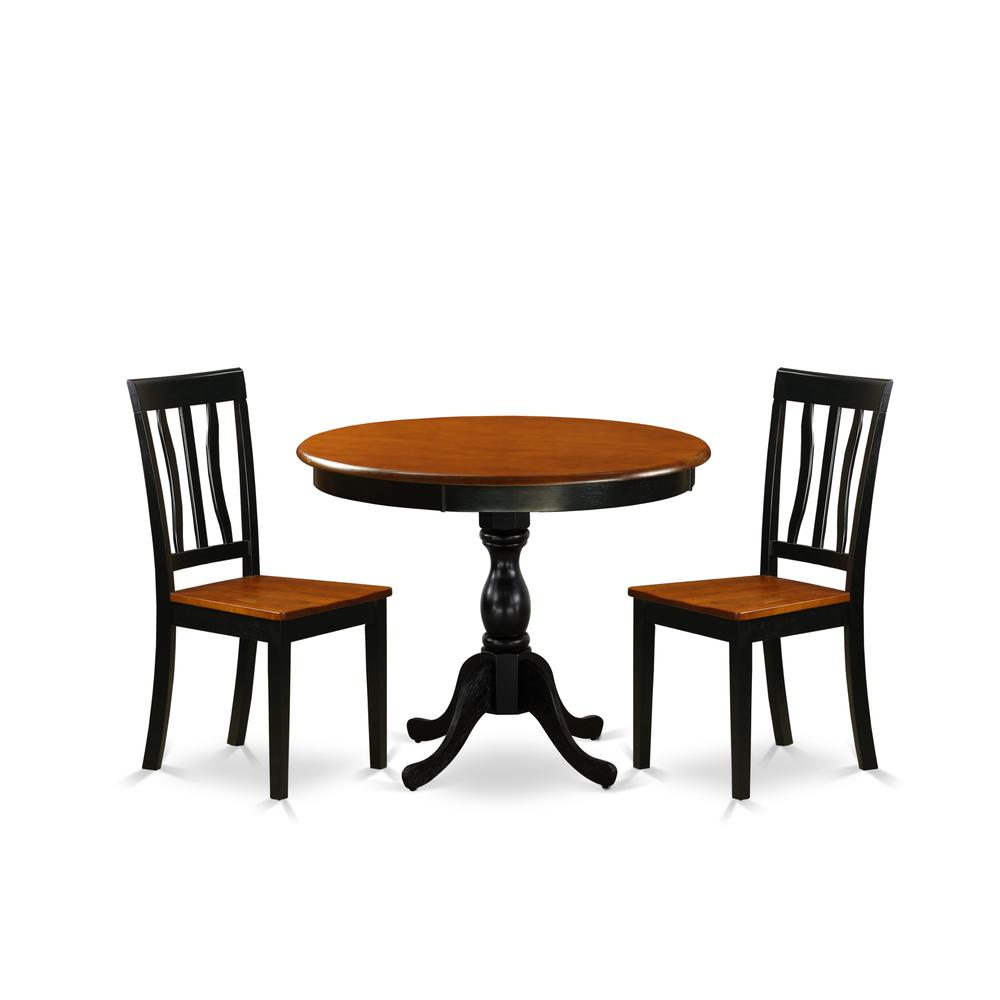 East West Furniture 3-Piece Kitchen Table Set Consist of Dining Room Table and 2 Kitchen Chairs with Slatted Back - Black Finish. Picture 1