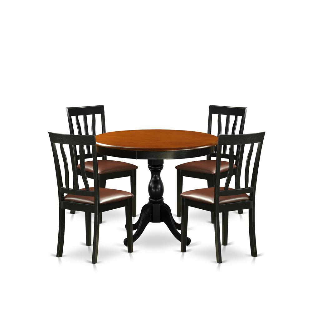 East West Furniture 5-Piece Dinning Table Set Consists of a Dining Table and 4 Faux Leather Kitchen Chairs with Slatted Back - Black Finish. Picture 1