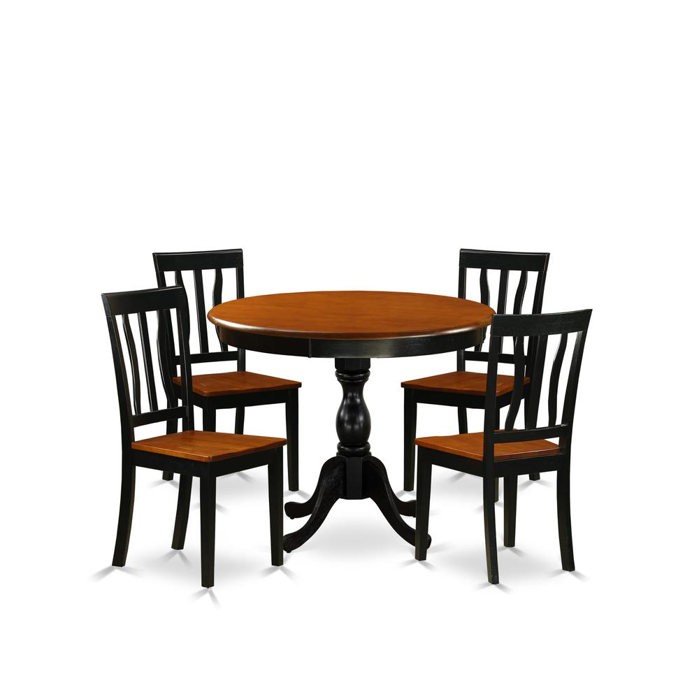 East West Furniture 5-Piece Mid Century Dining Set Include a Kitchen Table and 4 Wooden Chairs with Slatted Back - Black Finish. Picture 1