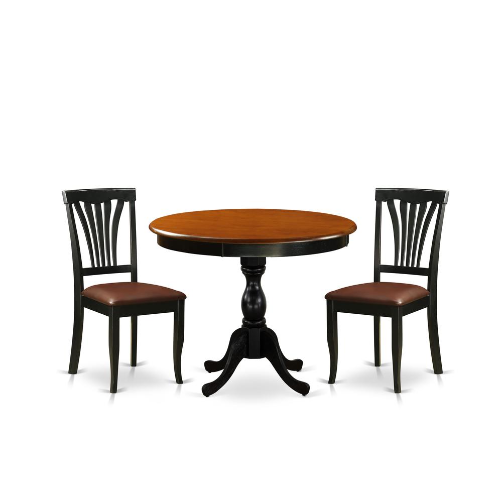 East West Furniture 3-Pc Kitchen Dining Table Set Includes a Wood Dining Table and 2 Faux Leather Dining Room Chairs with Slatted Back - Black Finish. Picture 1