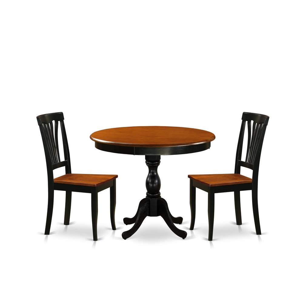 East West Furniture 3-Piece Table Set Contains a Kitchen Table and 2 Modern Dining Chairs with Slatted Back - Black Finish. Picture 1