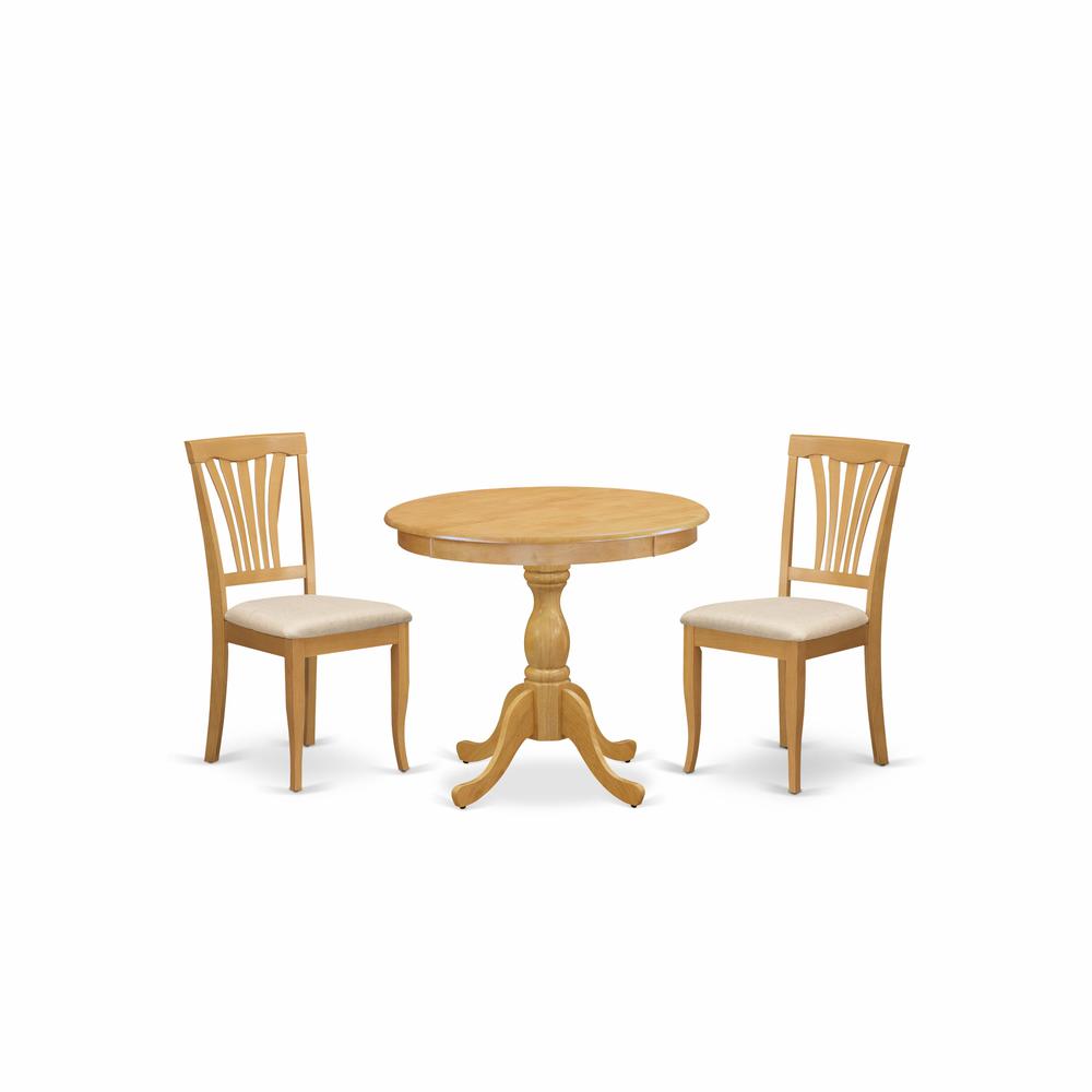 AMAV3-OAK-C 3 Piece Dining Room Set - 1 Kitchen Table and 2 Oak Linen Fabric Dinning Room Chairs - Oak Finish. Picture 2