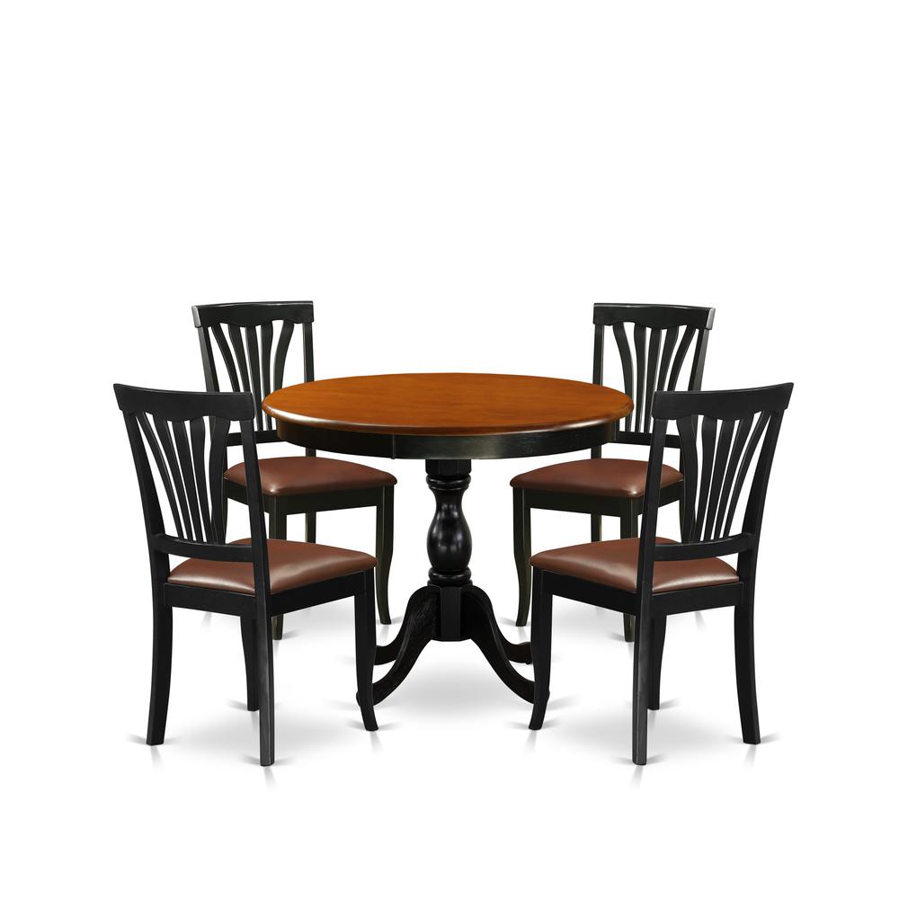 East West Furniture 5-Piece Dining Room Set Consists of a Mid Century Dining Table and 4 Faux Leather Dinner Chairs with Slatted Back - Black Finish. Picture 1