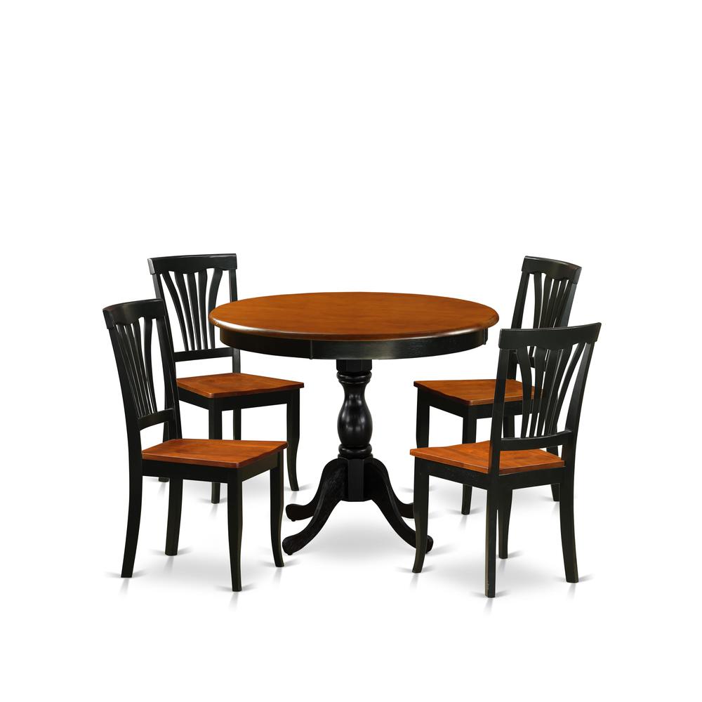 East West Furniture 5-Piece Dining Set Include a Dining Table and 4 Mid Century Chairs with Slatted Back - Black Finish. Picture 1