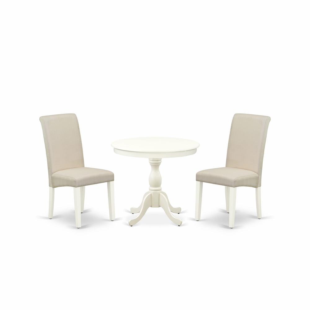 East West Furniture 3 Piece Dining Room Set Includes 1 Pedestal Table and 2 Cream Linen Fabric Kitchen Chairs with High Back - Linen White Finish. Picture 2