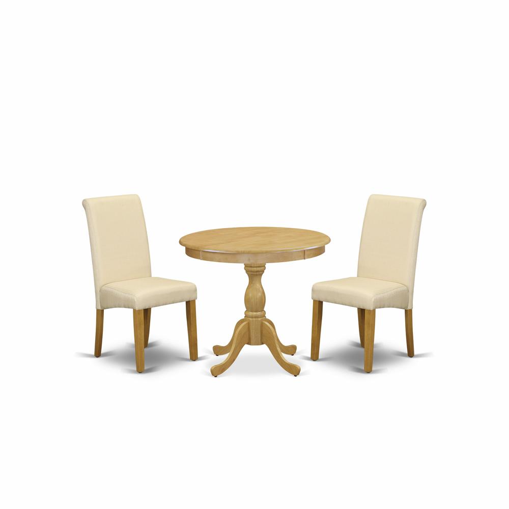 AMBA3-OAK-02 3 Piece Dining Set - 1 Pedestal Dining Table and 2 Light Beige Dinning Room Chairs - Oak Finish. Picture 2