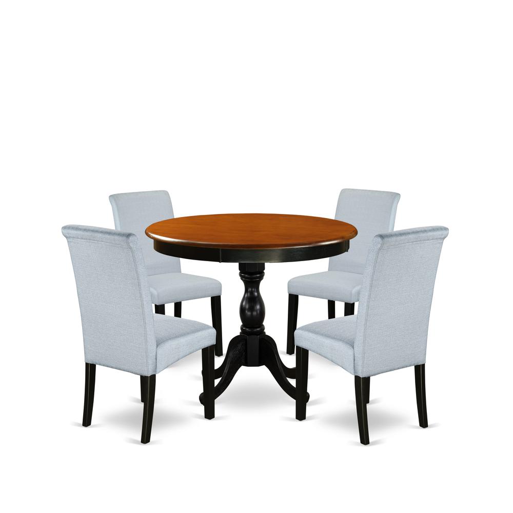East West Furniture 5-Piece Dining Room Table Set Includes a Dinette Table and 4 Grey Linen Fabric Parsons Chairs with High Back - Black Finish. Picture 2