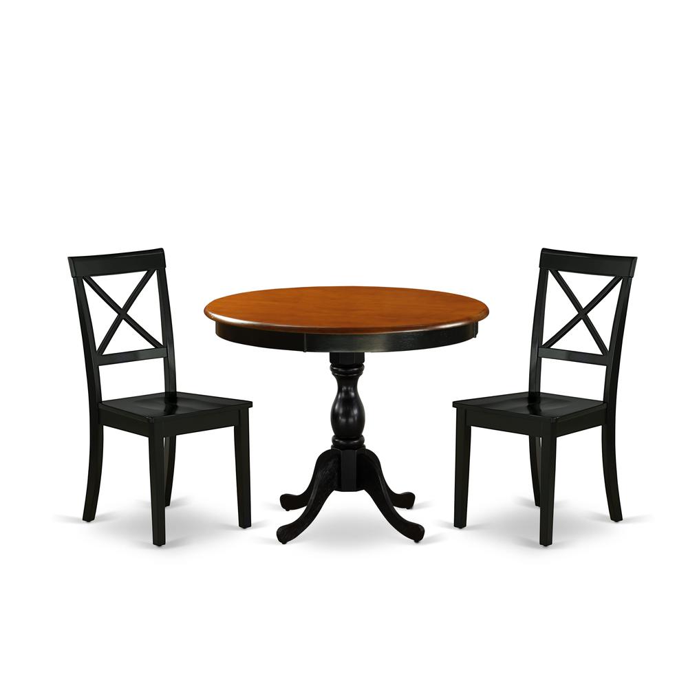 East West Furniture 3-Pc Kitchen Dining Table Set Includes a Dinner Table and 2 Wooden Dining Chairs with X-Back - Black Finish. Picture 2