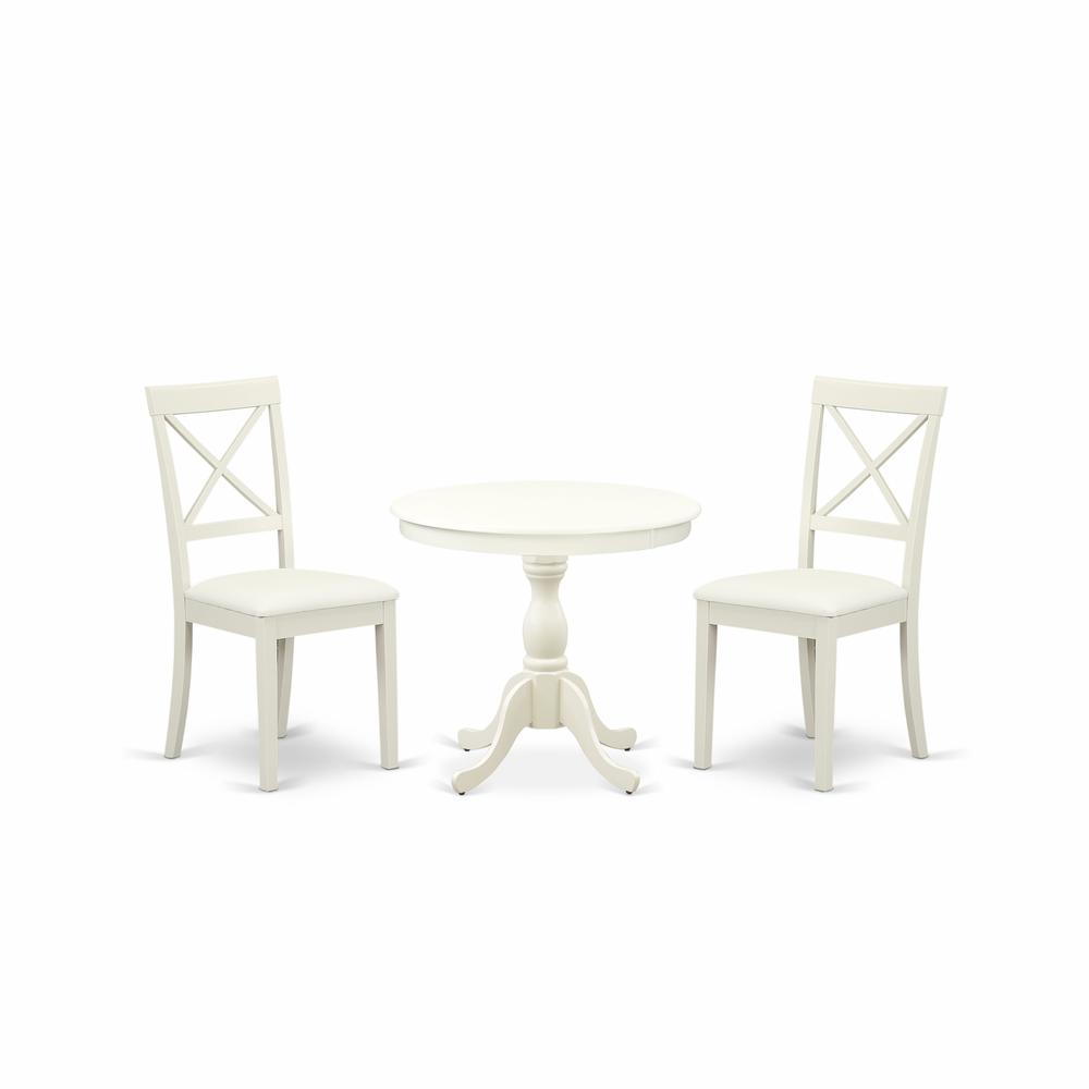 AMBO3-LWH-C 3 Pc Dining Room Set - 1 Pedestal Dining Table and 2 Linen White Dining Chair - Linen White Finish. Picture 2