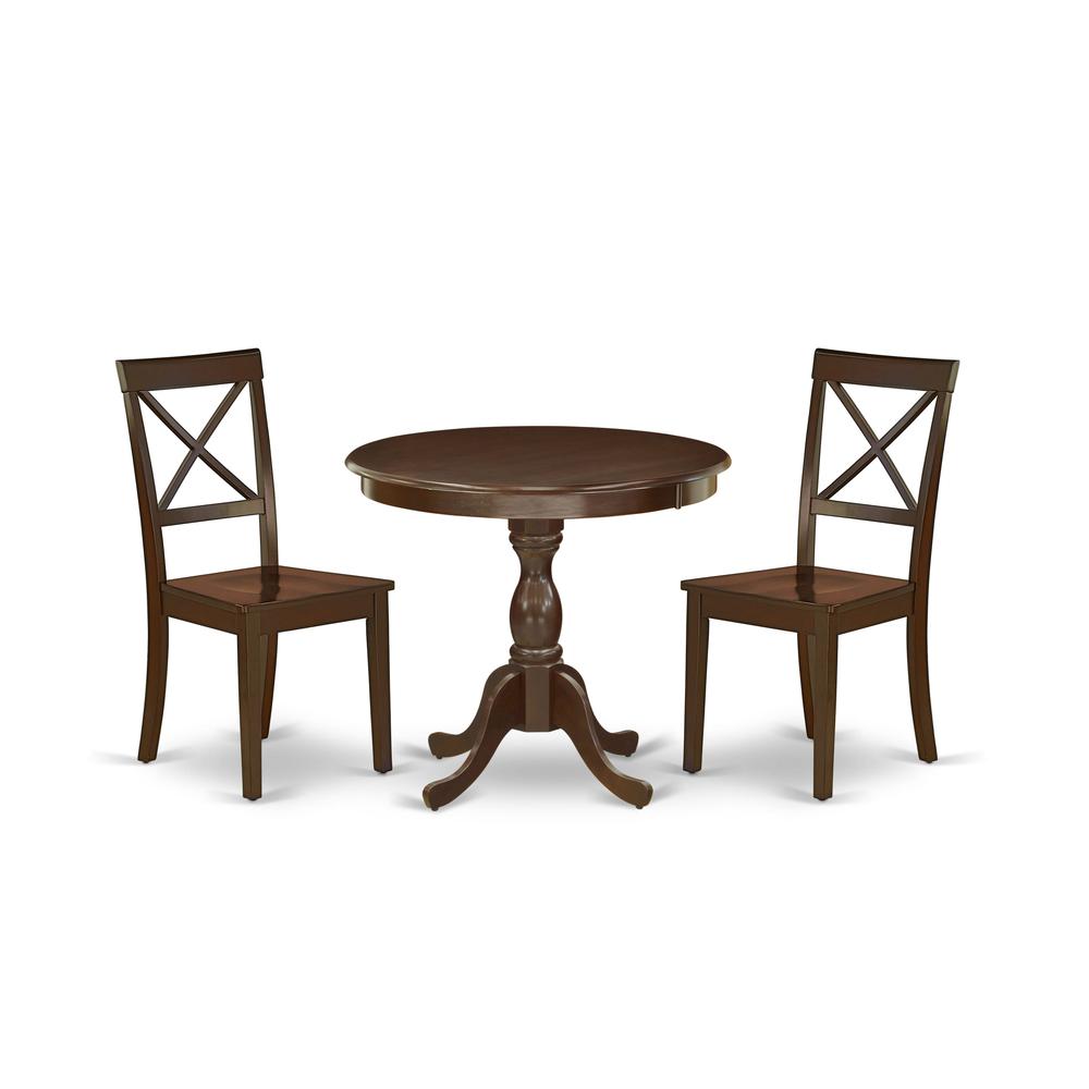 AMBO3-MAH-W 3 Pc Dining Room Set - 1 Round Pedestal Table and 2 Mahogany Dinning Chairs - Mahogany Finish. Picture 2