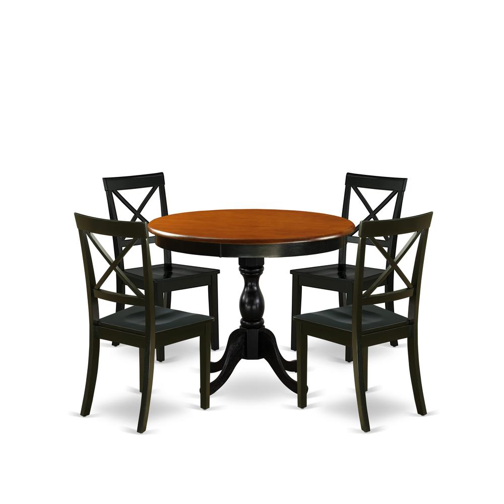 East West Furniture 5-Piece Round Table Set Contains a Dinner Table and 4 Dining Room Chairs with X-Back - Black Finish. Picture 2