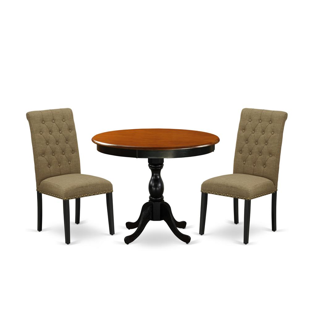 East West Furniture 3-Pc Modern Dining Set Includes a Wooden Dinner Table and 2 Light Sable Linen Fabric Upholstered Dining Chairs with Button Tufted Back - Black Finish. Picture 2