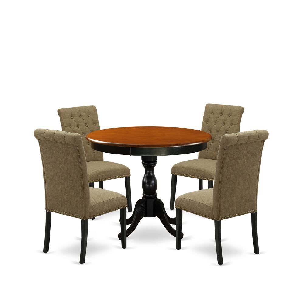 East West Furniture 5-Piece Dinning Table Set Includes a Dinning Table and 4 Light Sable Linen Fabric Modern Dining Chairs with Button Tufted Back - Black Finish. Picture 2