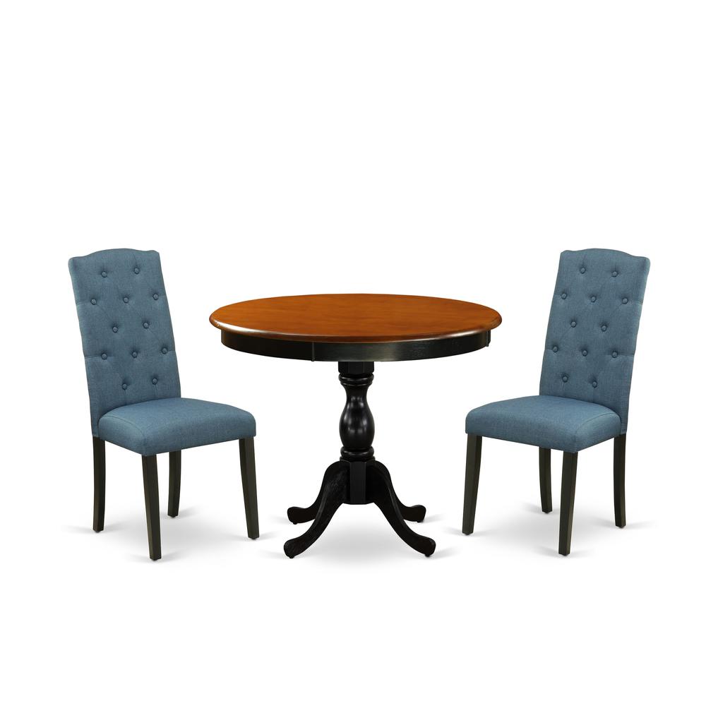 East West Furniture 3-Pc Dining Room Set Consists of a Dinette Table and 2 Blue Linen Fabric Mid Century Dining Chairs with Button Tufted Back - Black Finish. Picture 1