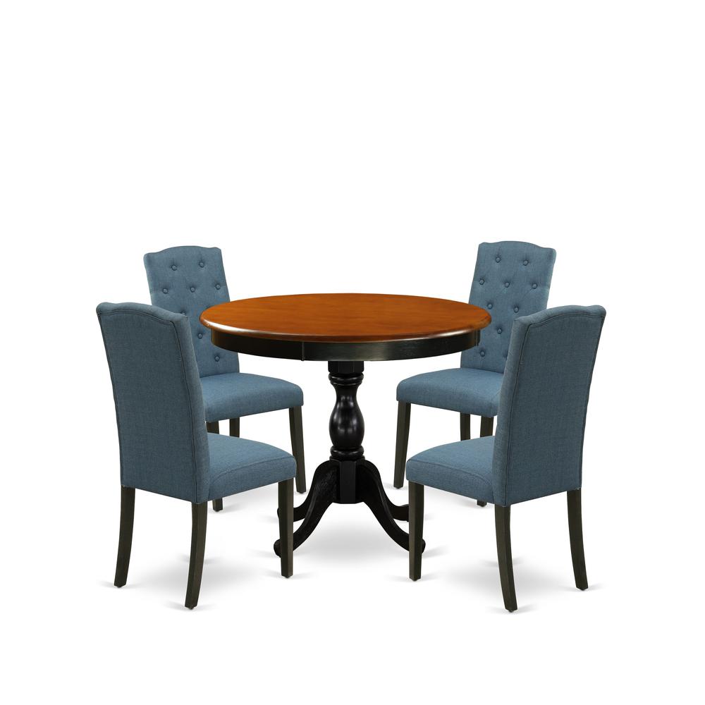 East West Furniture 5-Piece Wooden Dining Set Consists of a Wood Kitchen Table and 4 Blue Linen Fabric Parson Chairs with Button Tufted Back - Black Finish. Picture 2