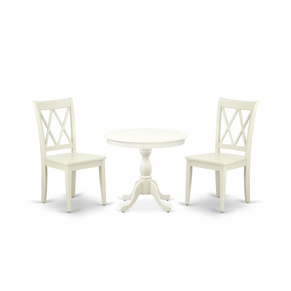 AMCL3-LWH-W 3 Piece Dining Room Set - 1 Pedestal Table and 2 Linen White Wooden Chairs - Linen White Finish. Picture 2