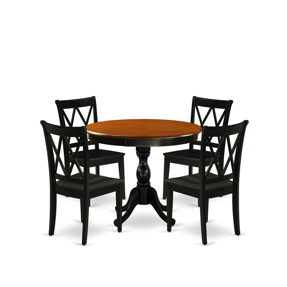 East West Furniture 5-Piece Dining Room Set Contains a Modern Dining Table and 4 Mid Century Dining Chairs with Double-X Back - Black Finish. Picture 2