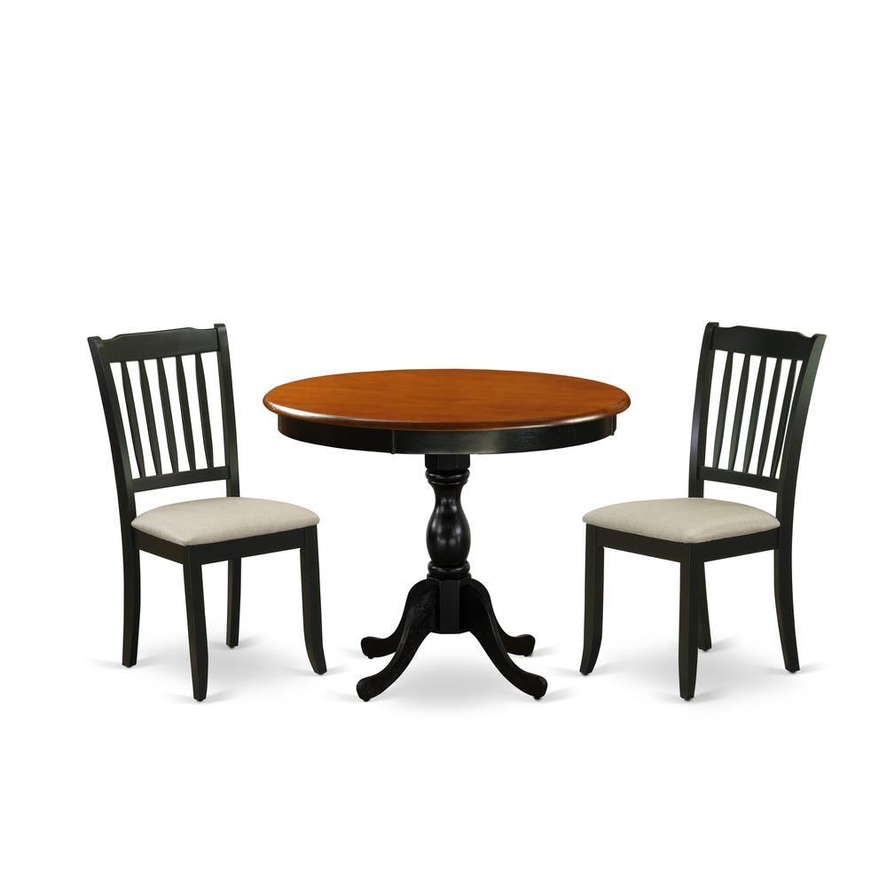 East West Furniture 3-Pc Dinning Room Set Includes a Wood Dining Room Table and 2 Linen Fabric Mid Century Dining Chairs with Slatted Back - Black Finish. Picture 1
