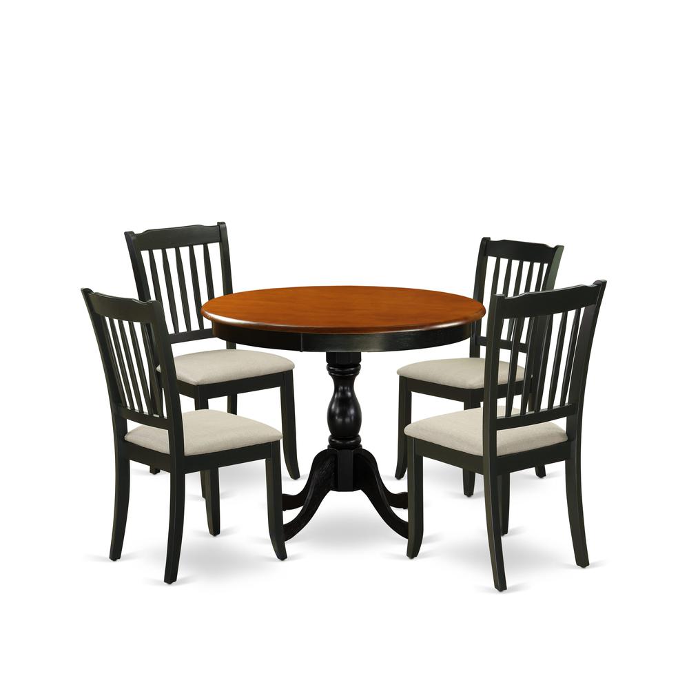 East West Furniture 5-Piece Modern Dining Set Includes a Round Wood Table and 4 Linen Fabric Dining Room Chairs with Slatted Back - Black Finish. Picture 2